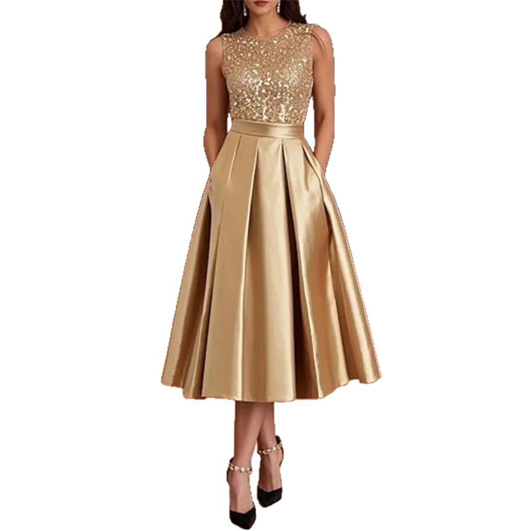 Midi Dress - Burgundy Sequin Satin Midi Dress Women
