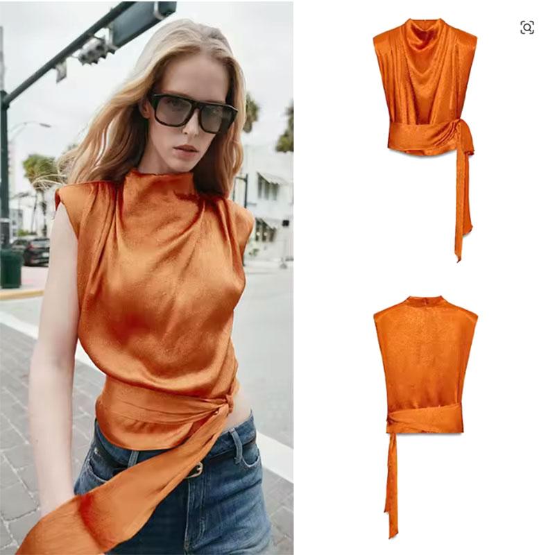 Silk Blouse - Satin Shawl Collar Sleeveless Crop Top,