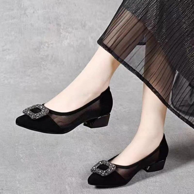 Womens Heels - Elegant Pointed Toe Mesh Block Heel