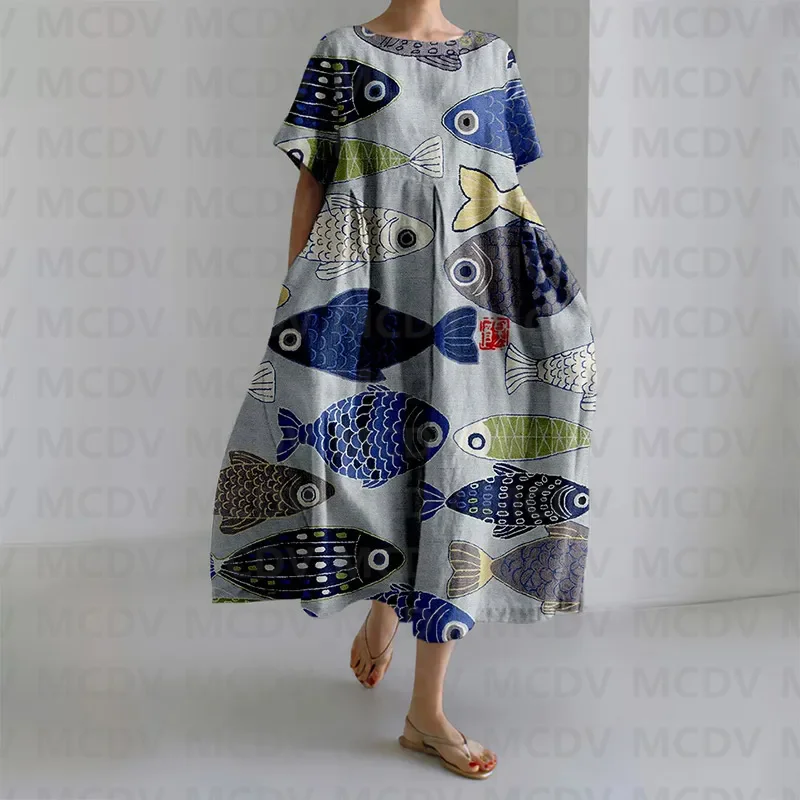 Japanese Vintage Fish Art Prin - Midi Dress recension och pris